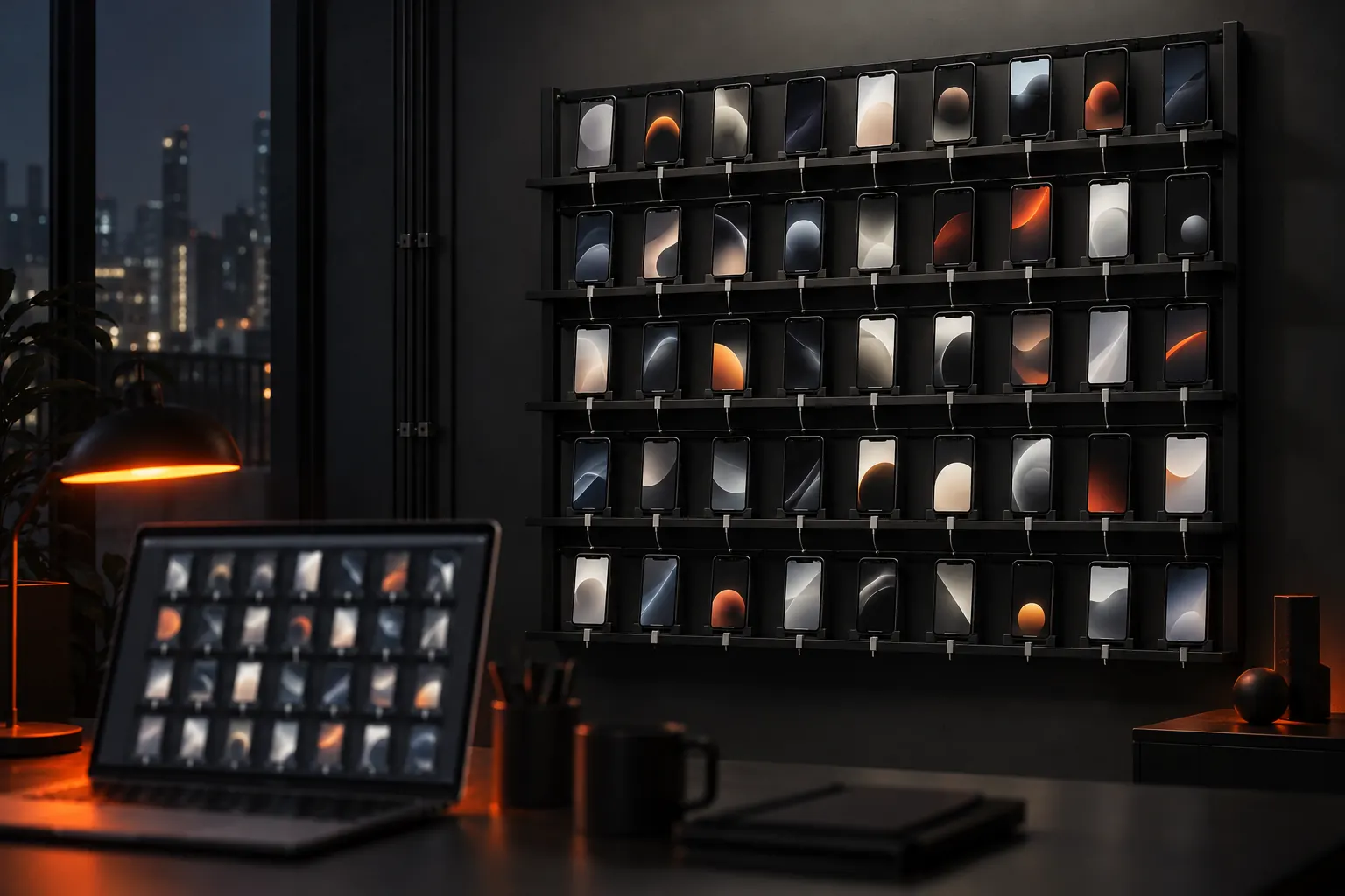 A wall rack of forty glowing phones in a dark office at night, a laptop showing their grid in the foreground